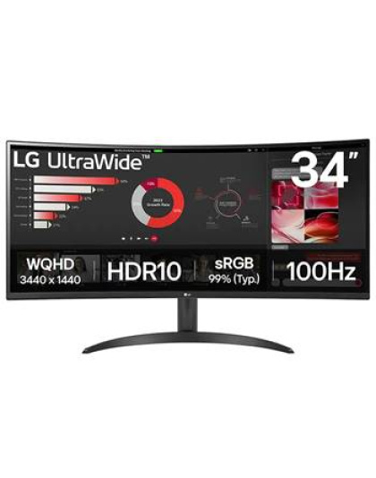 LG 34WR50QK-B QHD UltraWide Curved Monitor, 100Hz, 2xHDMI, DP,Tilt,VESA